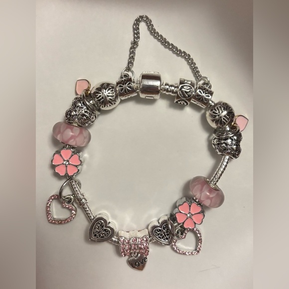 Pink Flower and Heart Charm Bracelet - Picture 1 of 3